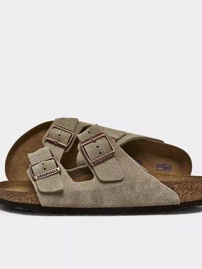 Birkenstock Taupe Suede Two-Strap Sandals with Rose Buckles